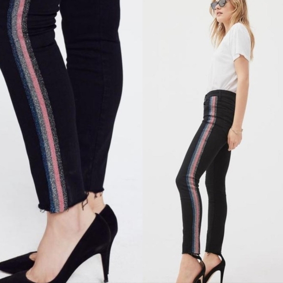 Mother HighWaist looker Ankle fray Black Skinny Jeans In guilty Glitter Racer 28 - Picture 4 of 12